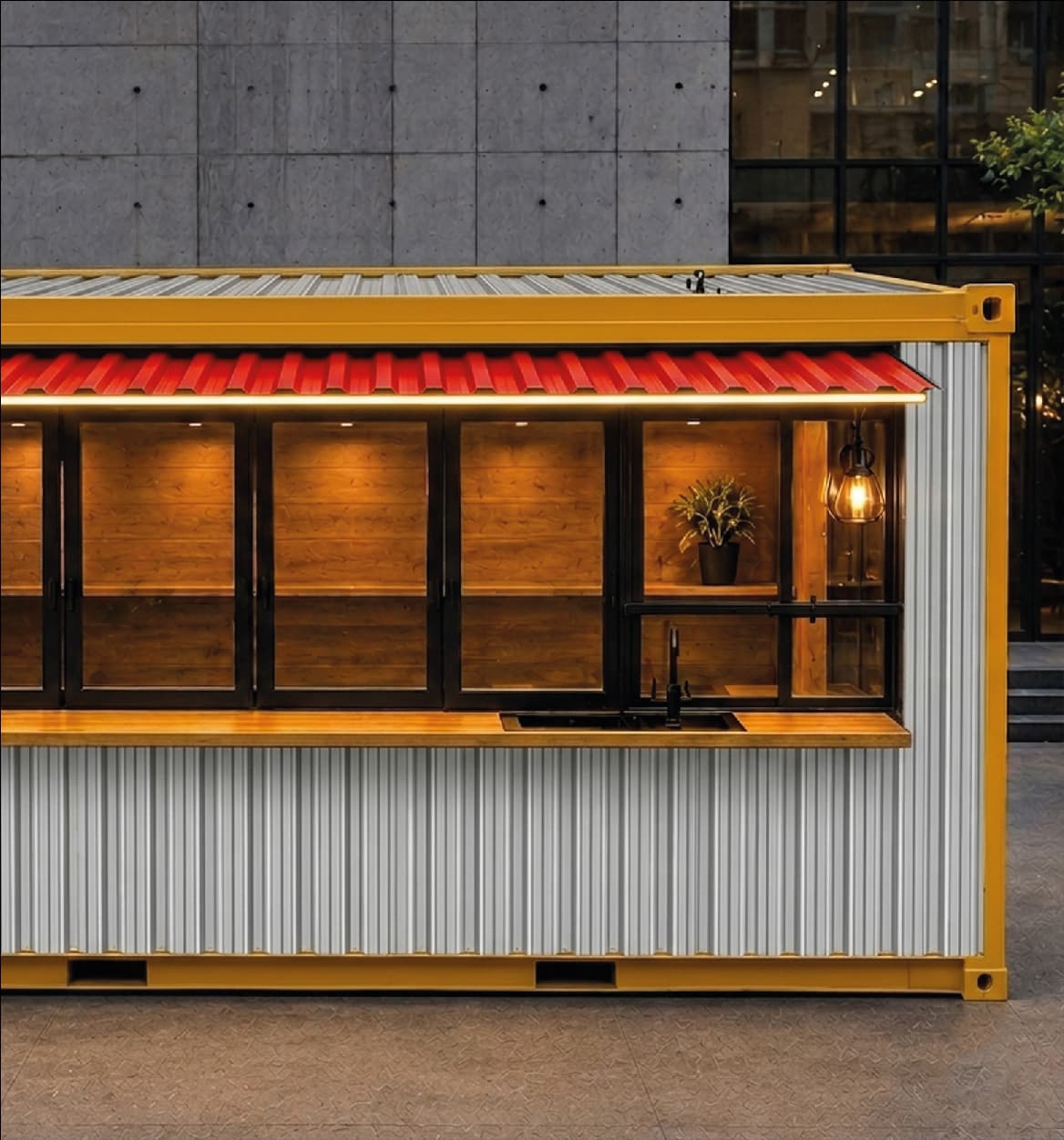 Container-style café unit with a red colour coated awning and silver profiled cladding